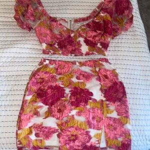 pink and orange floral two piece set